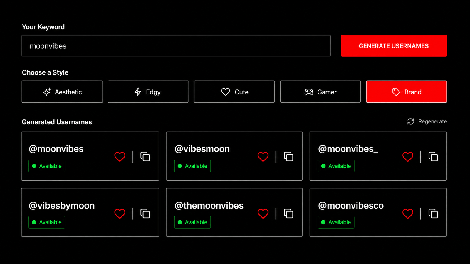TikTok Username Generator tool showing style options and generated handle ideas