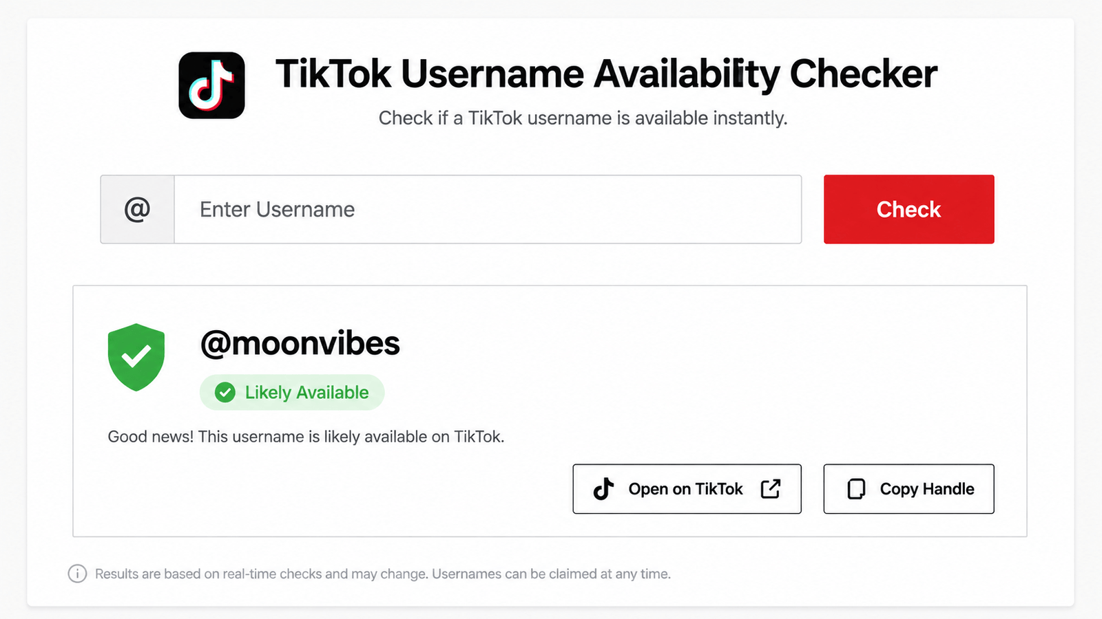TikTok Username Availability Checker tool showing an instant handle status result